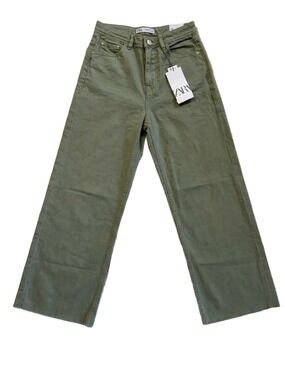 ZARA Olive Green High Rise Wide Leg Cropped Jeans Raw Hem NWT Size 4